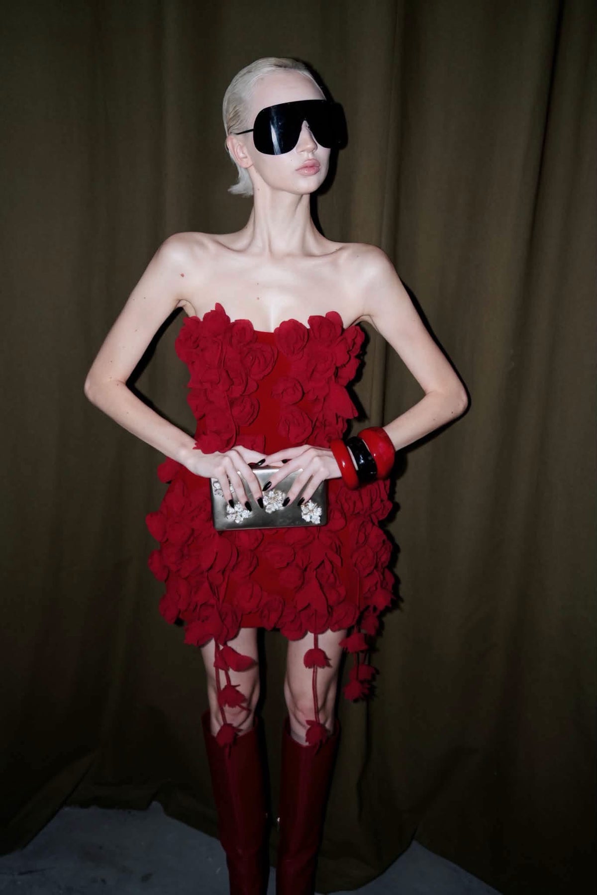 Red Strapless 3D-Rose Rosaria Mini Dress