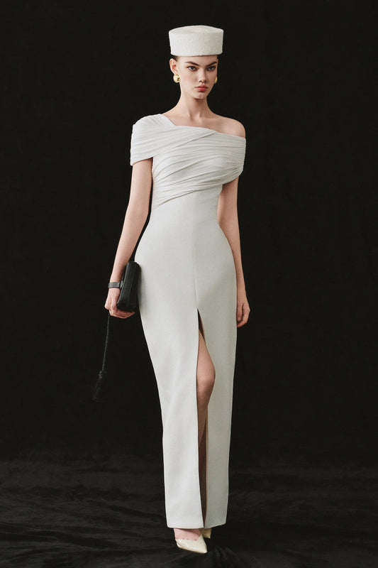 CICI White Elegant Vacation Esmeralda Off-shoulder Slit Maxi Dress