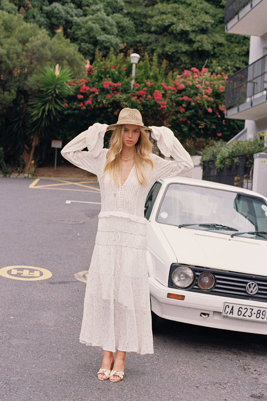 White Polka Dot Long Sleeve Ruffle Resort Maxi Dress