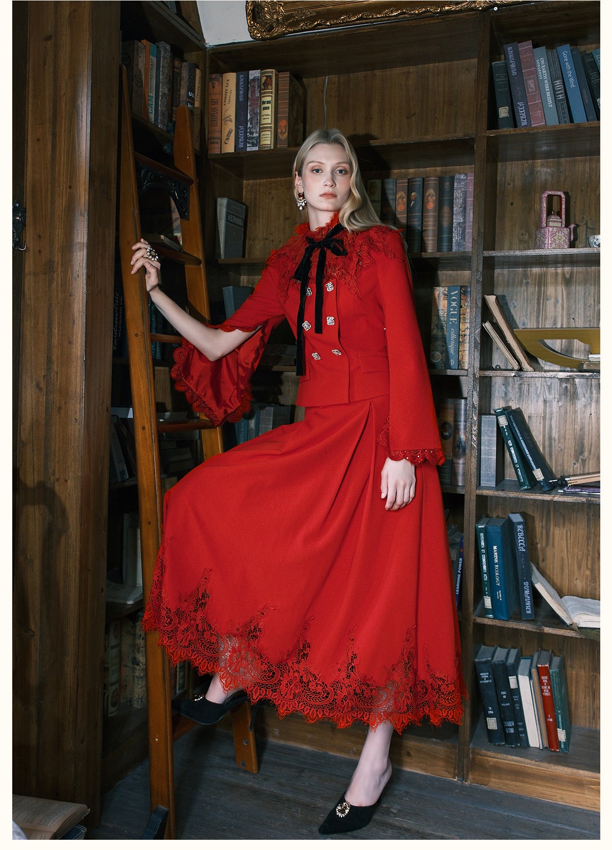 SHEERLUCK Black Mirage Vintage Stand Collar Lace & Diamond-embellished Jacket & Skirt