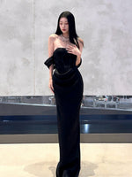 Black Strapless Off-Shoulder Layered Ruffle Sheer Maxi Dress