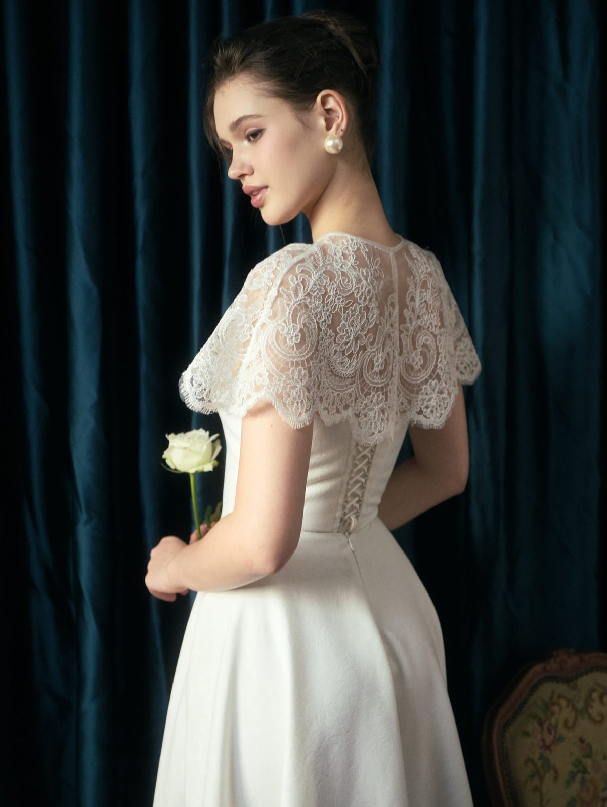 White Satin Mirella Maxi Dress With Elia Lace Cape