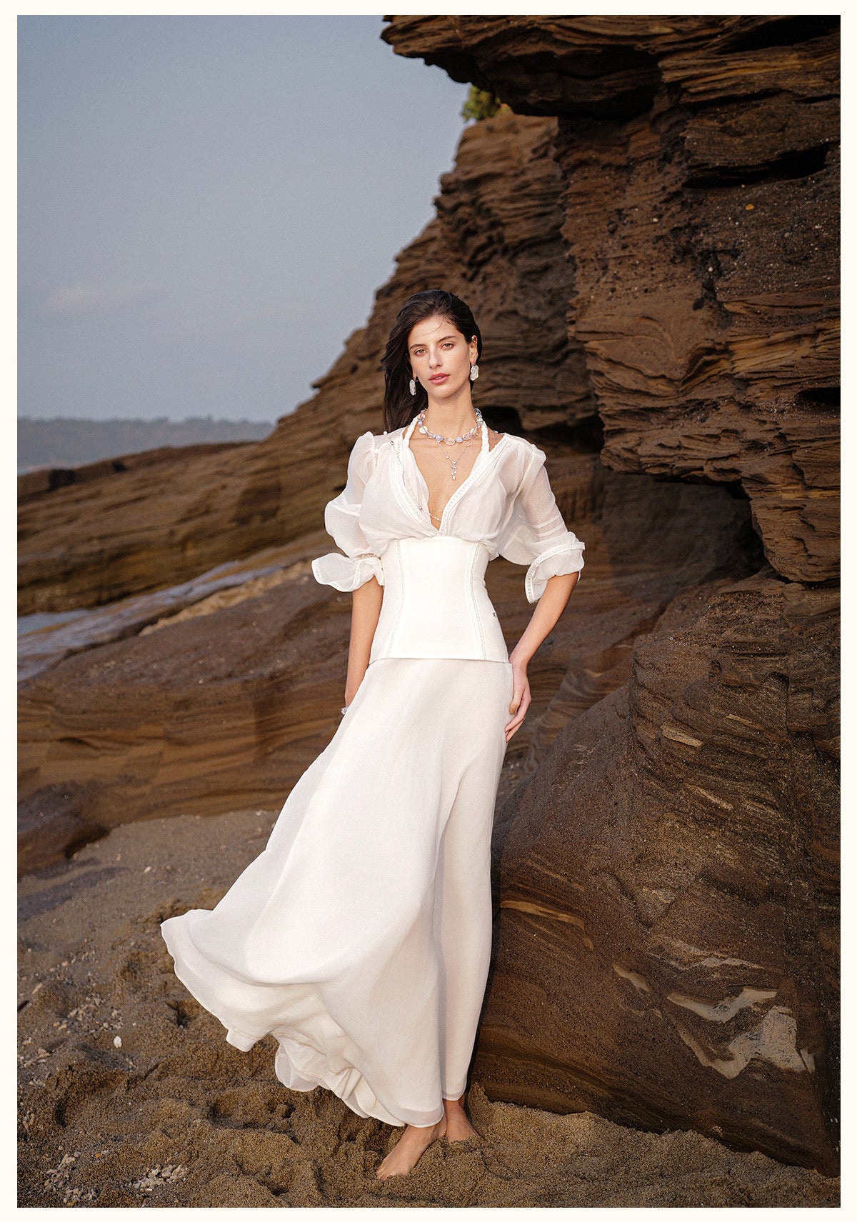 Sheerluck Elegant Vacation White Palazzo V-neck Maxi Dress