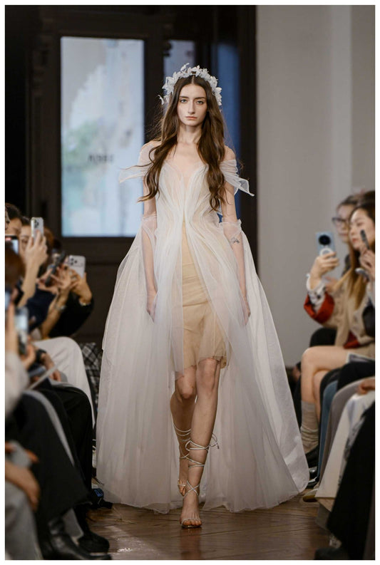 White Off Shoulder Tulle Flowy Maxi Dress