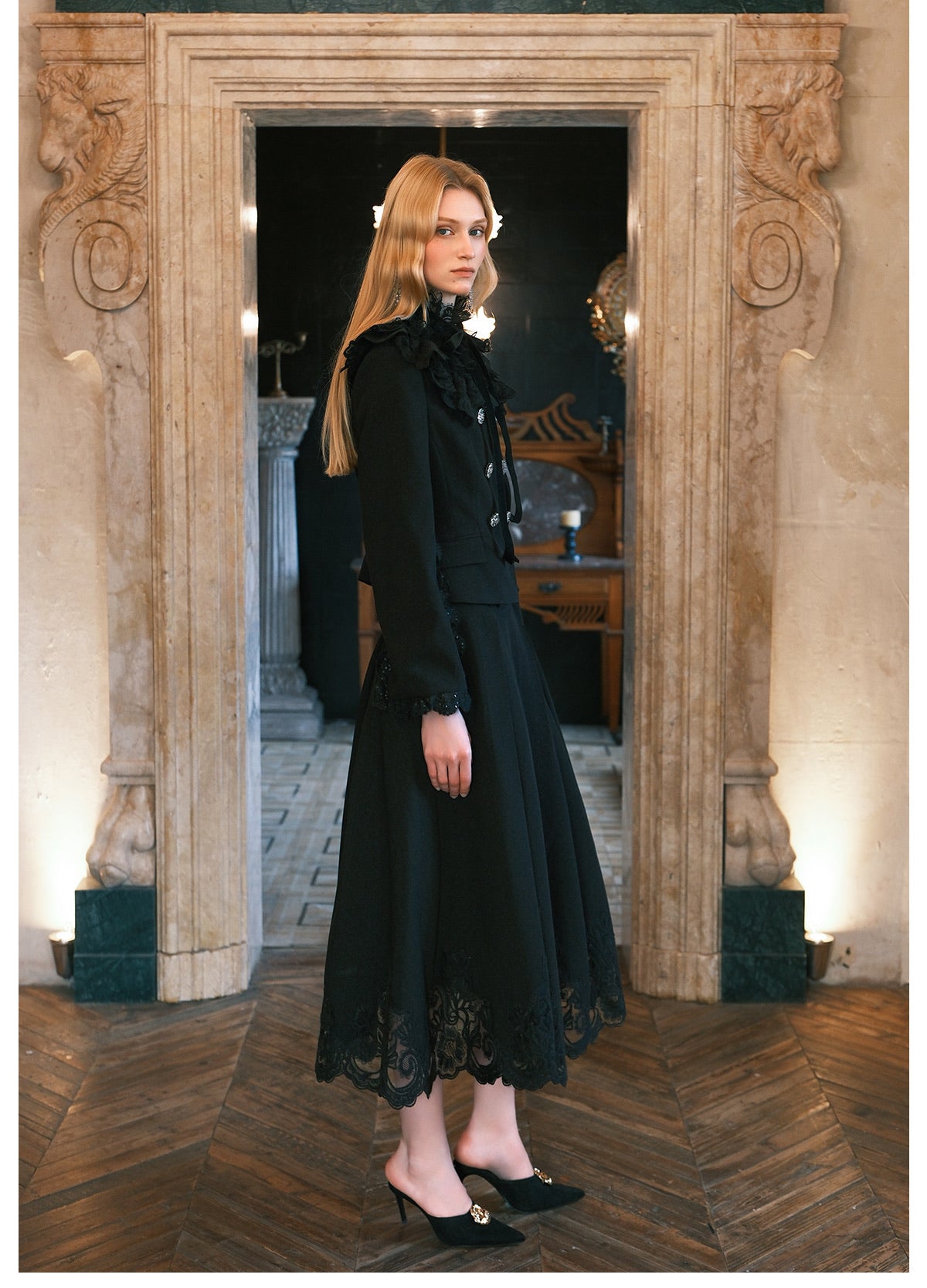 SHEERLUCK Black Mirage Vintage Stand Collar Lace & Diamond-embellished Jacket & Skirt