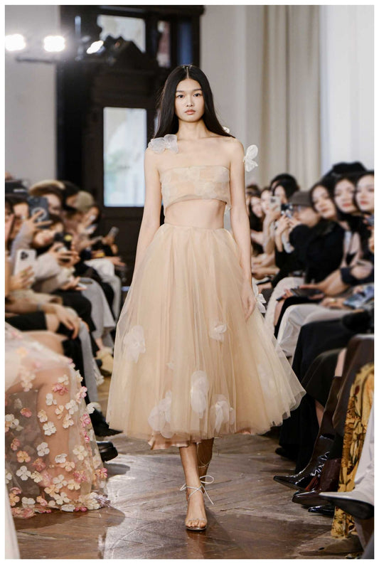 Nude Strapless 3D Floral Tulle Top & Midi Skirt