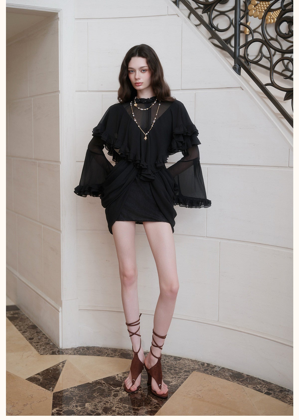 Black High-Neck Beaded Ruffle Bell-Sleeve Chiffon Overlay with Lace Mini Dress