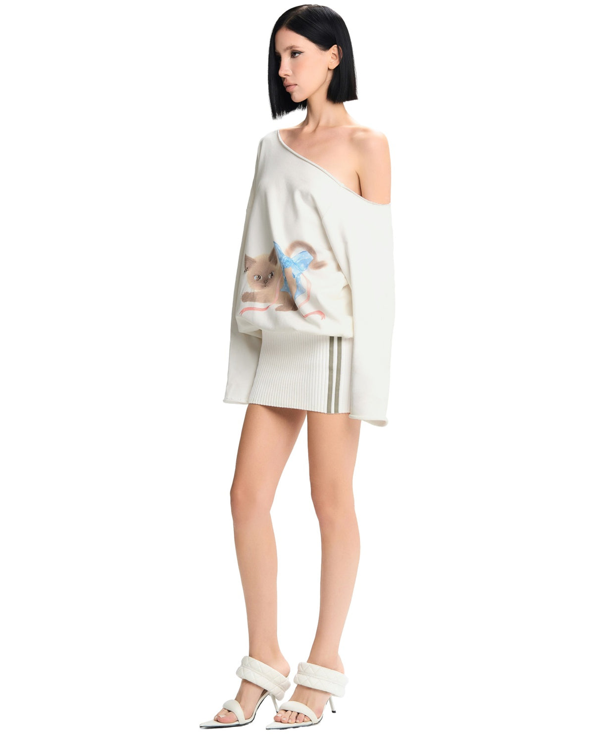 White Off-Shoulder Cat-Print Oversized Ling Mnii Dress