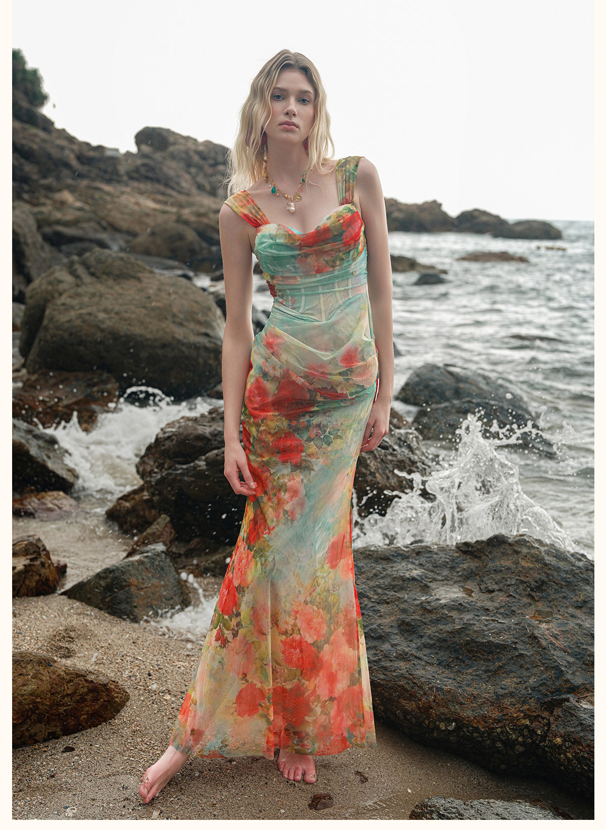 Multicolour Floral Off-Shoulder Corset Fishtail Maxi Dress