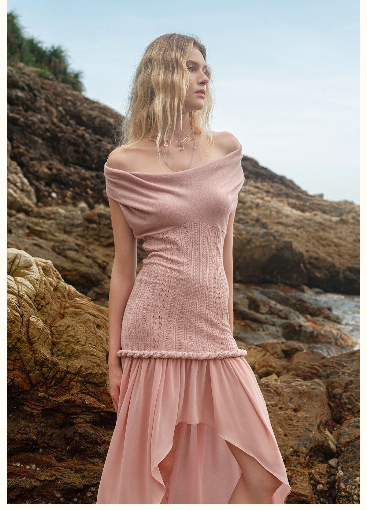 Cream Draped Halter Knit High-Low Chiffon Maxi Dress