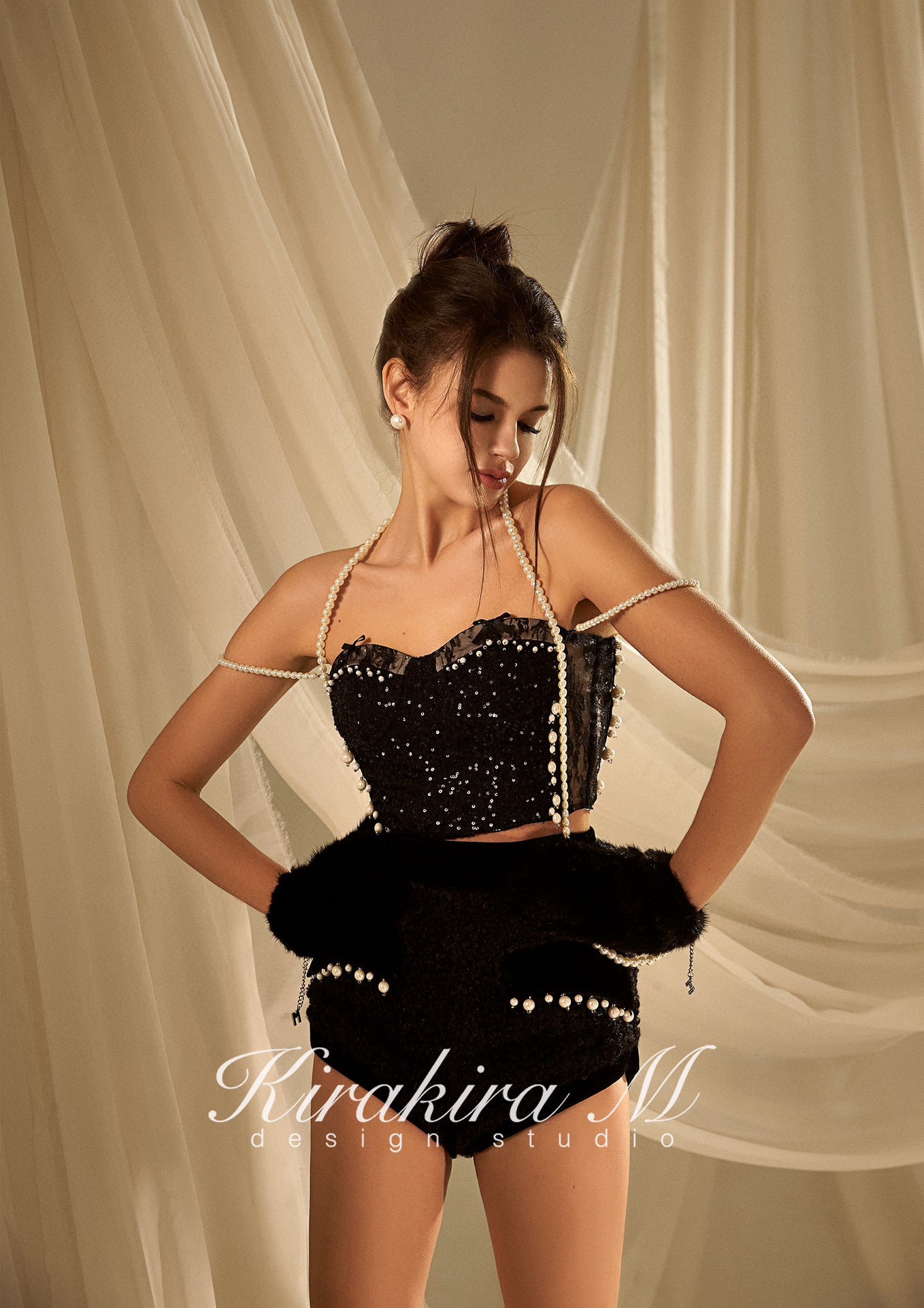 KIRAKIRA M Black glitter laced top and short with pearls detail