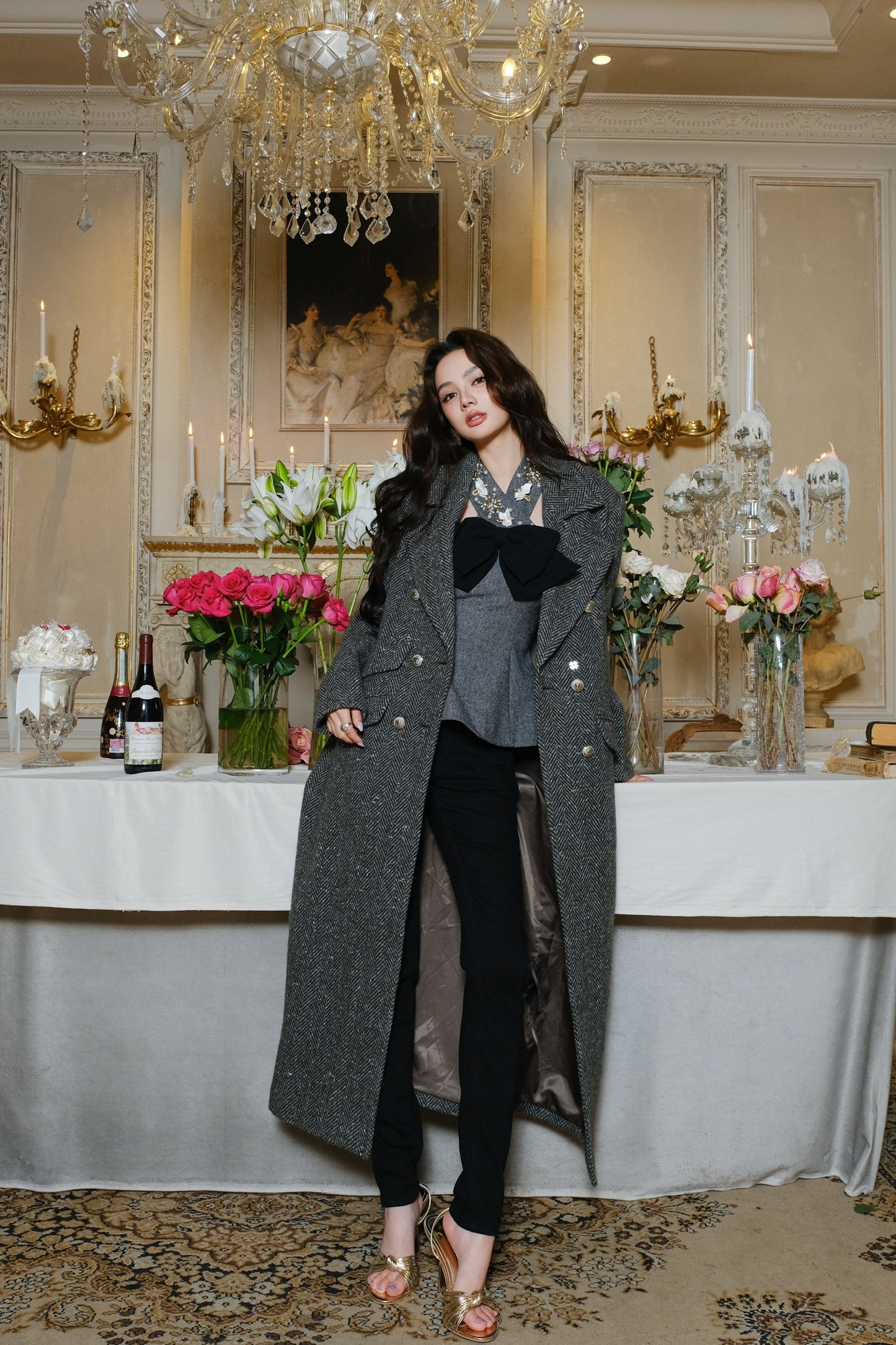 Maison Wester Grey Patterned Double-Button Long Coat