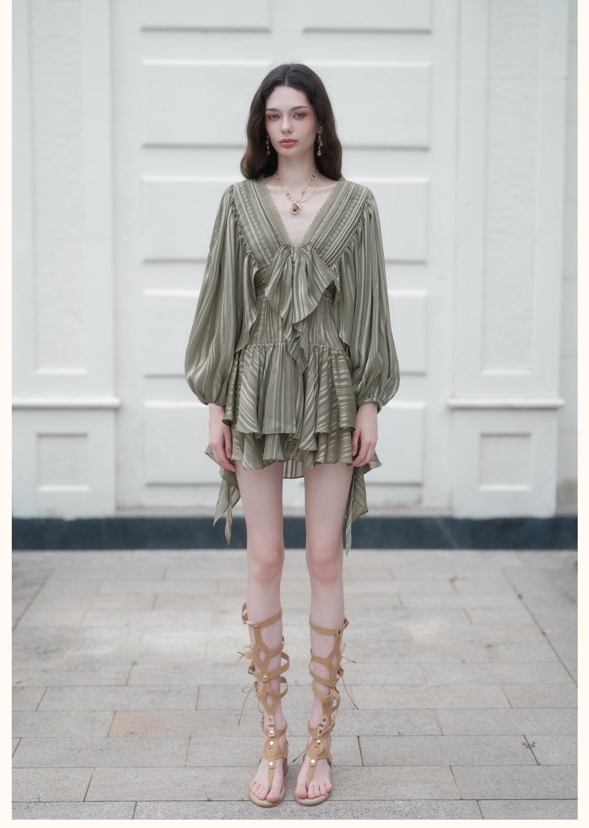 Green Striped Satin Lantern-Sleeve V-Neck Bow Tiered Mini Dress