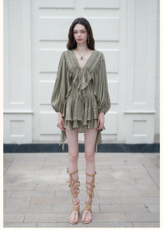 Green Striped Satin Lantern-Sleeve V-Neck Bow Tiered Mini Dress
