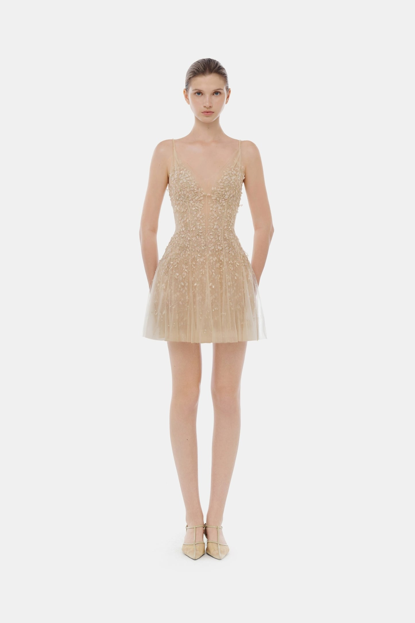 MONTSAND Nude Pastel Deep-V Mini Dress