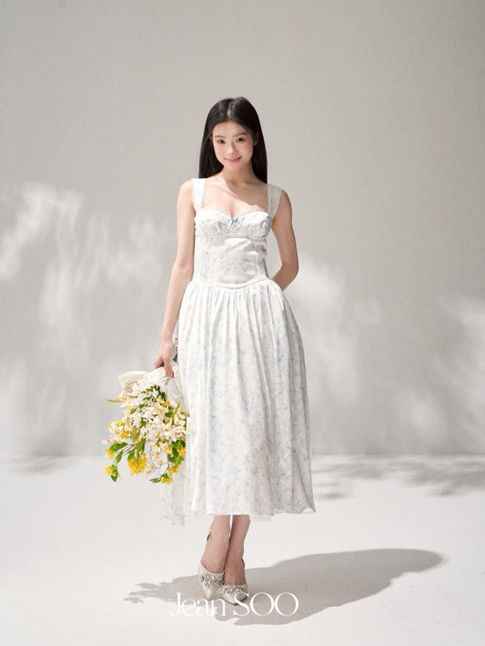 JEAN SOO Sweet Vacation White Blue Bow Midi Dress