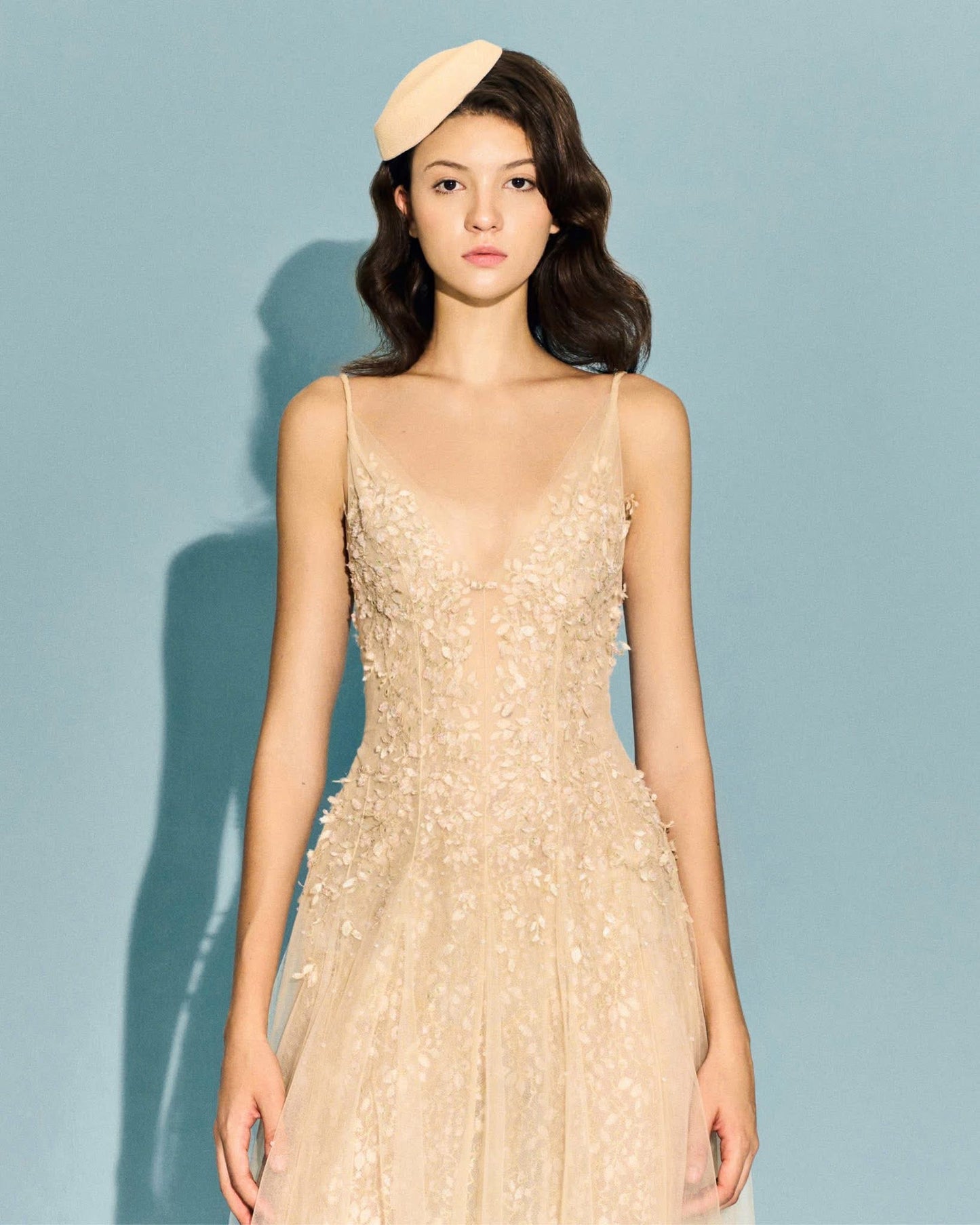 MONTSAND Nude Pastel Deep-V Maxi Dress