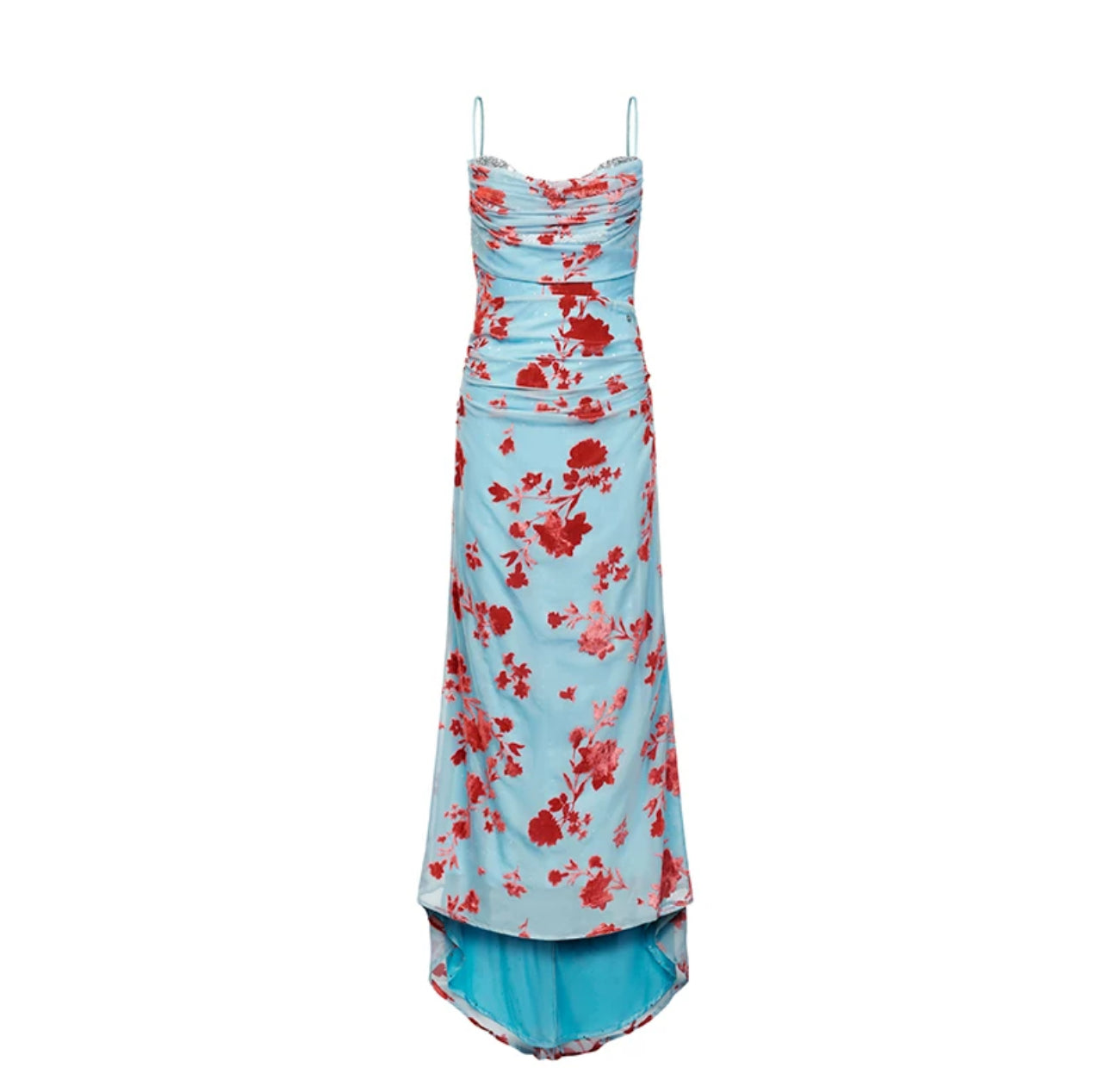 SHEERLUCK Flocked Blue & Red Pomegranate Maxi Dress