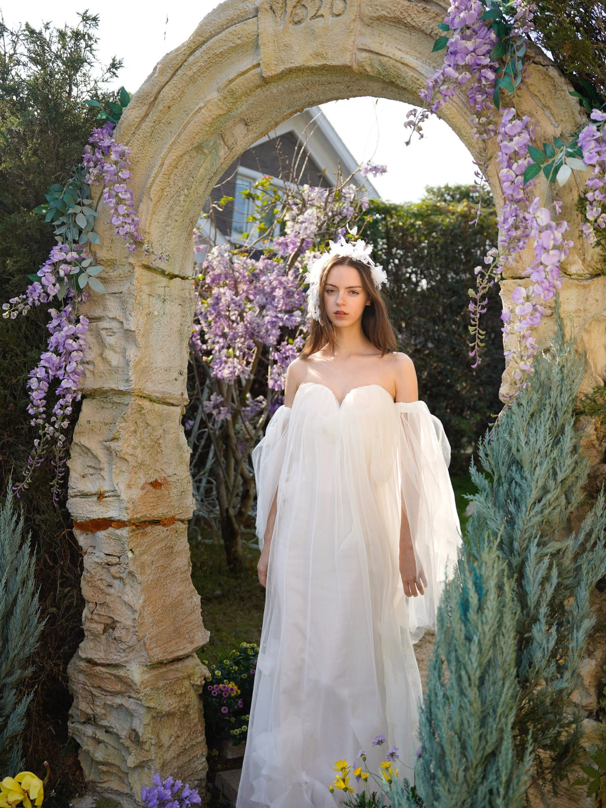 White Off-Shoulder Puff Sleeve Tulle Maxi Dress