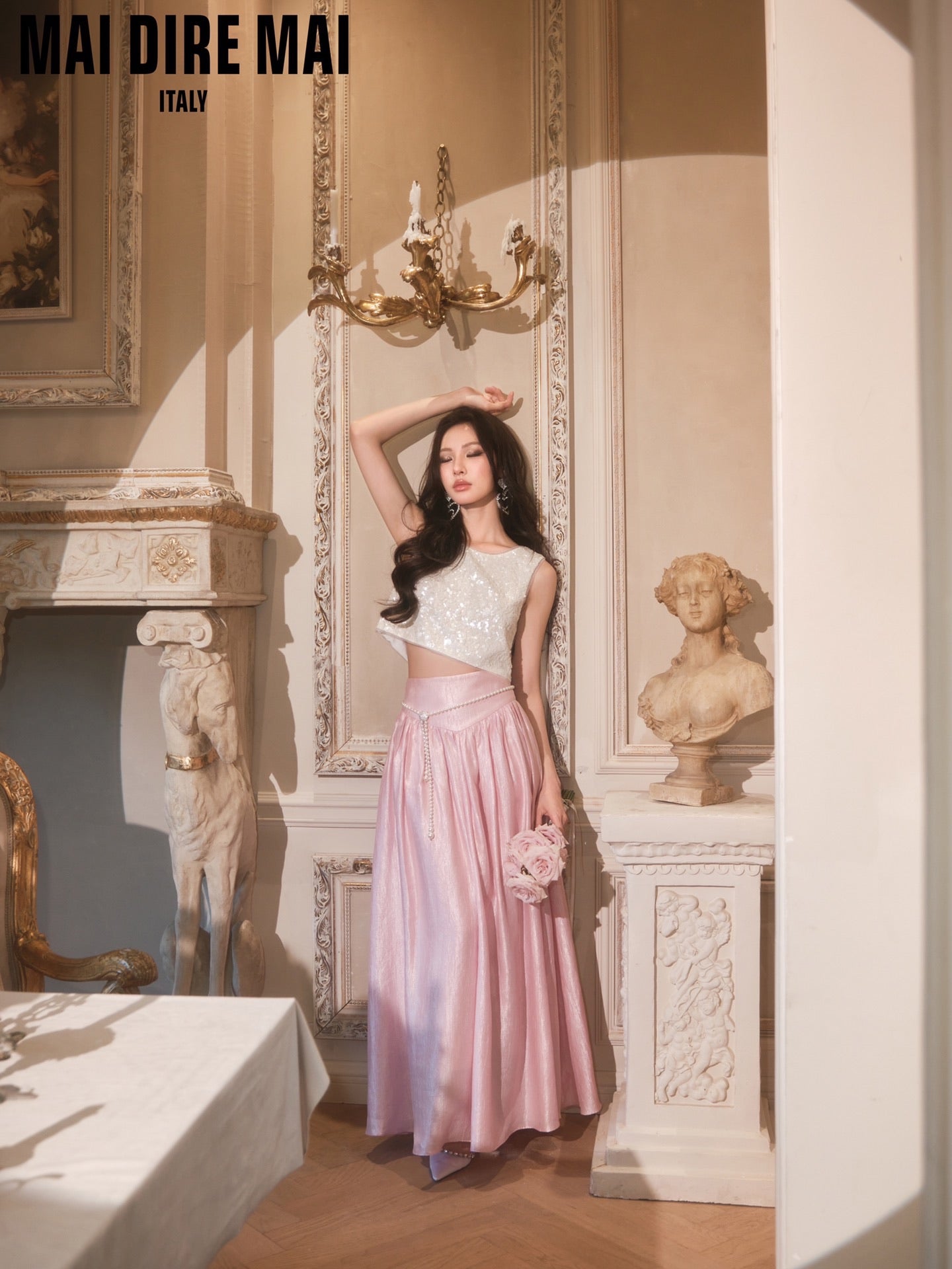 MAI DIRE MAI White Vacation Bow Sequins Top & Pink Skirt