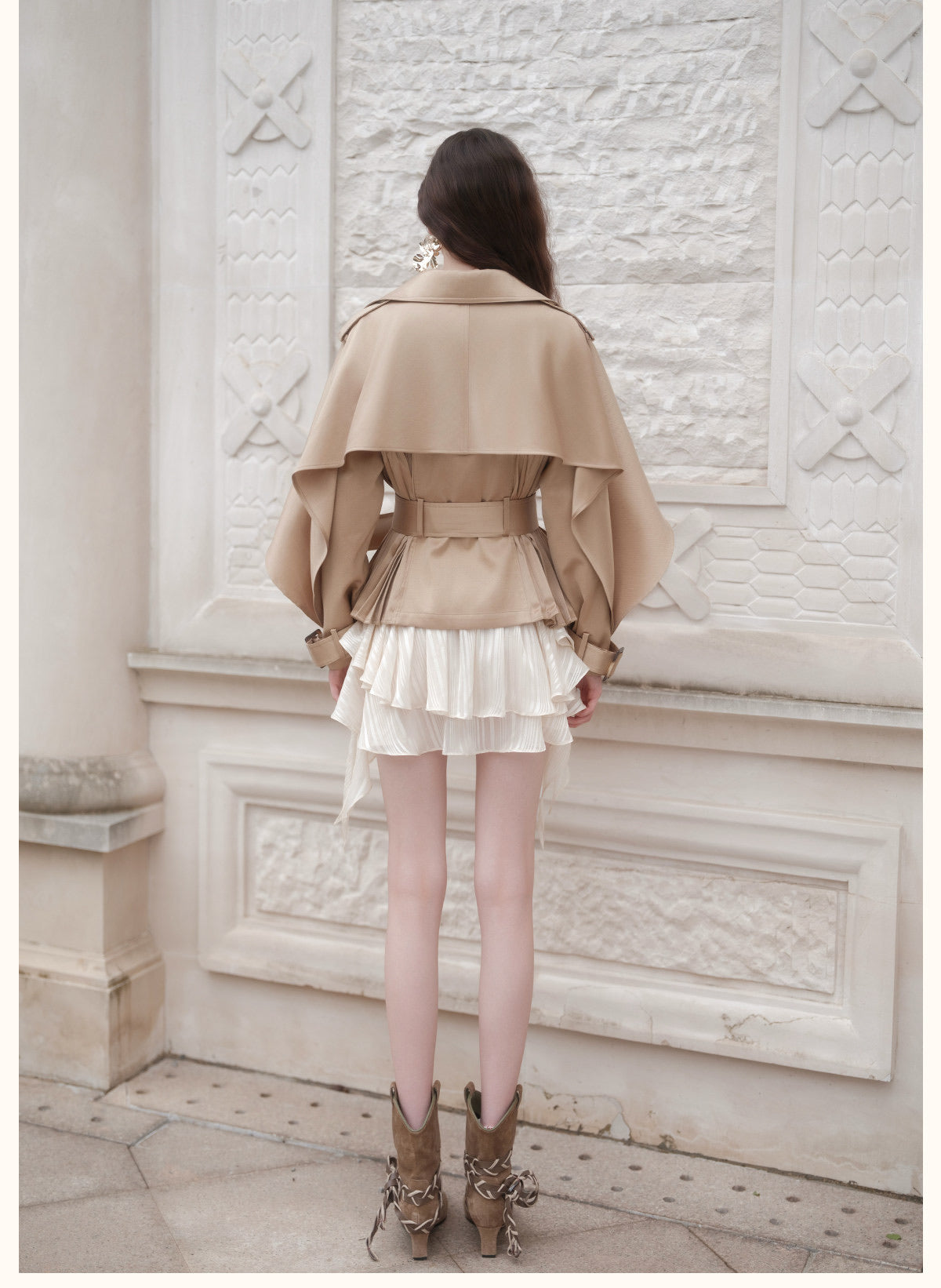Red Cape-Sleeve Cinched Cropped Jacket