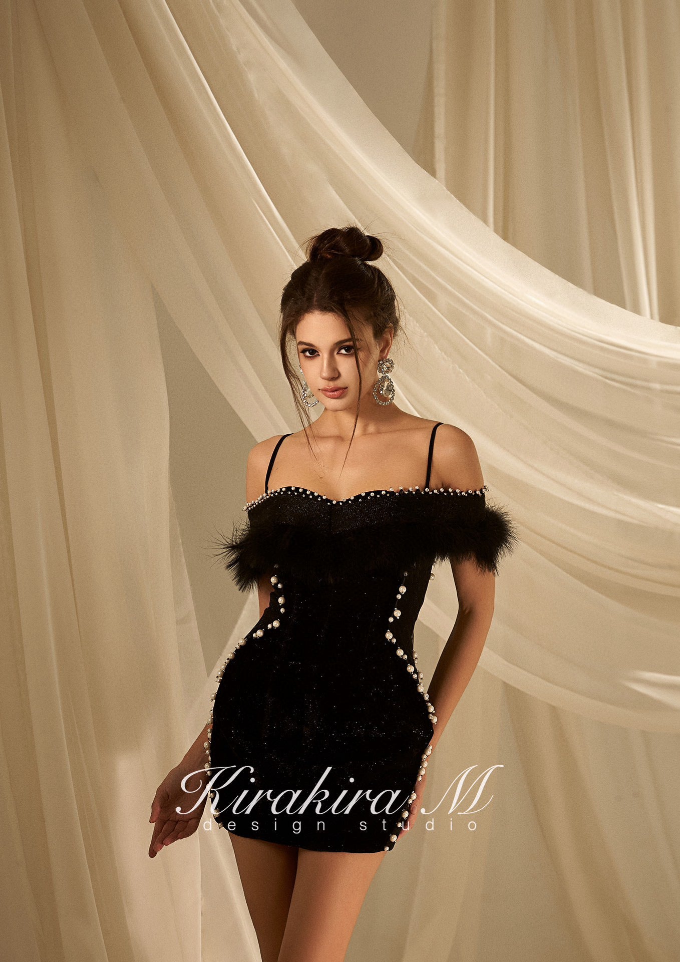 KIRAKIRA M Black velvet off shoulder mini dress with feather deatail