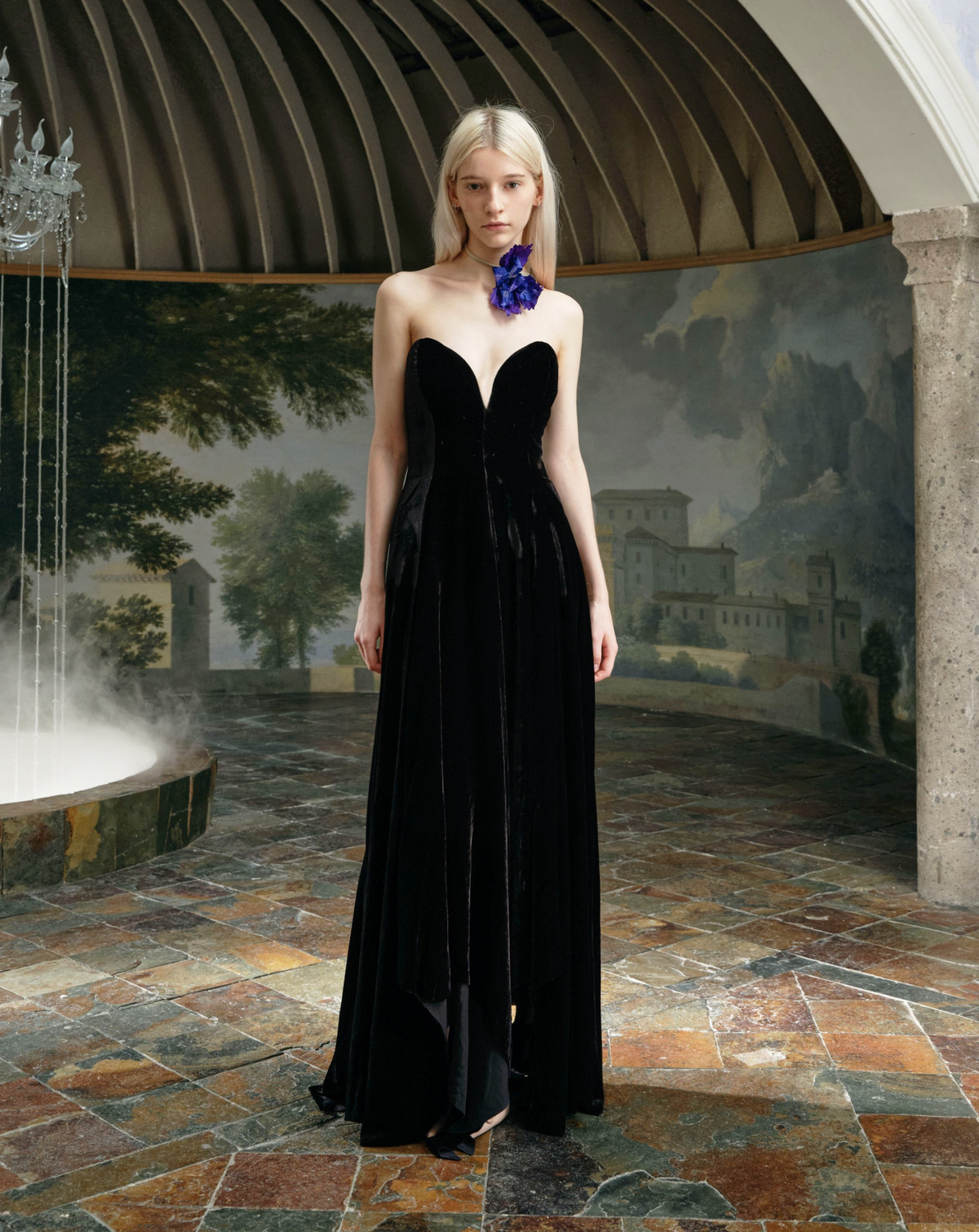 Black Velvet Bustier Deep V Floral Choker Waisted Maxi Gown