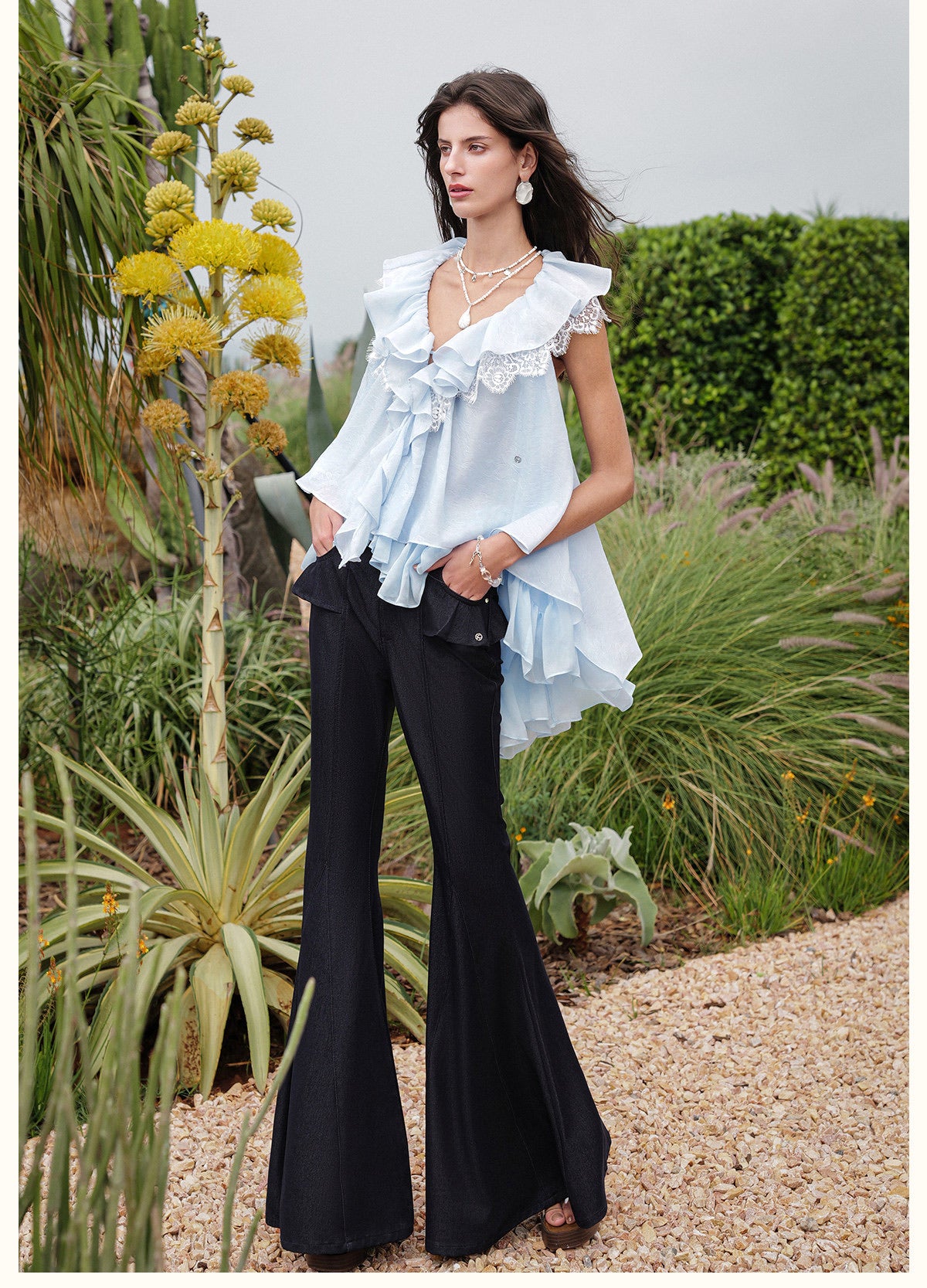 SHEERLUCK Vacation Fairycore White Ripple V-neck Top & Indigo Pants
