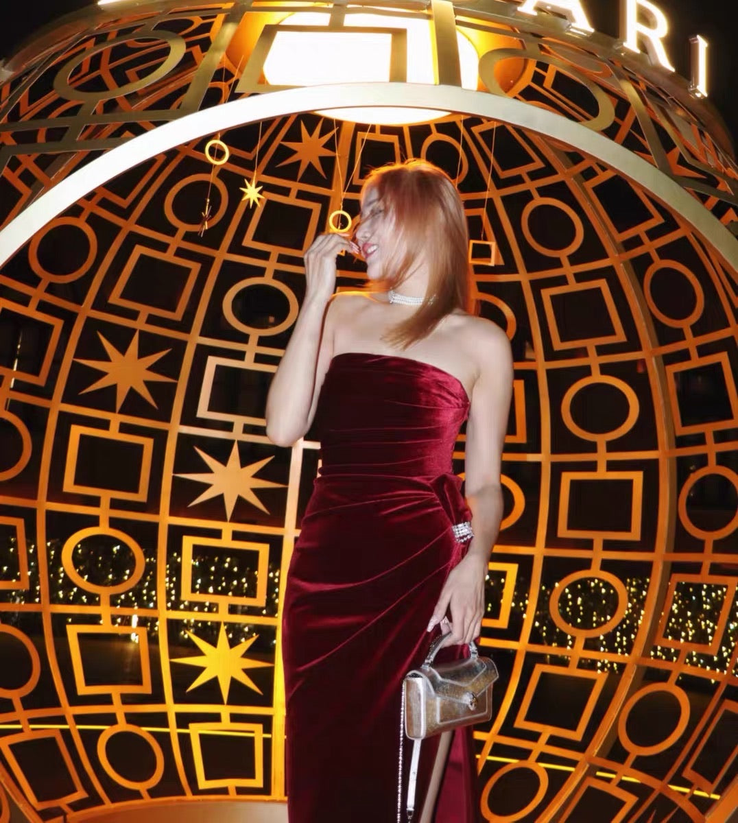 NANA JACQUELINE Red Velvet Strapless Maxi Dress