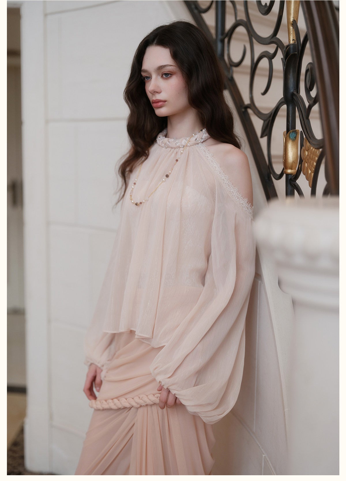 Cream Halter Off-Shoulder Lantern-Sleeve Metallic Shirt
