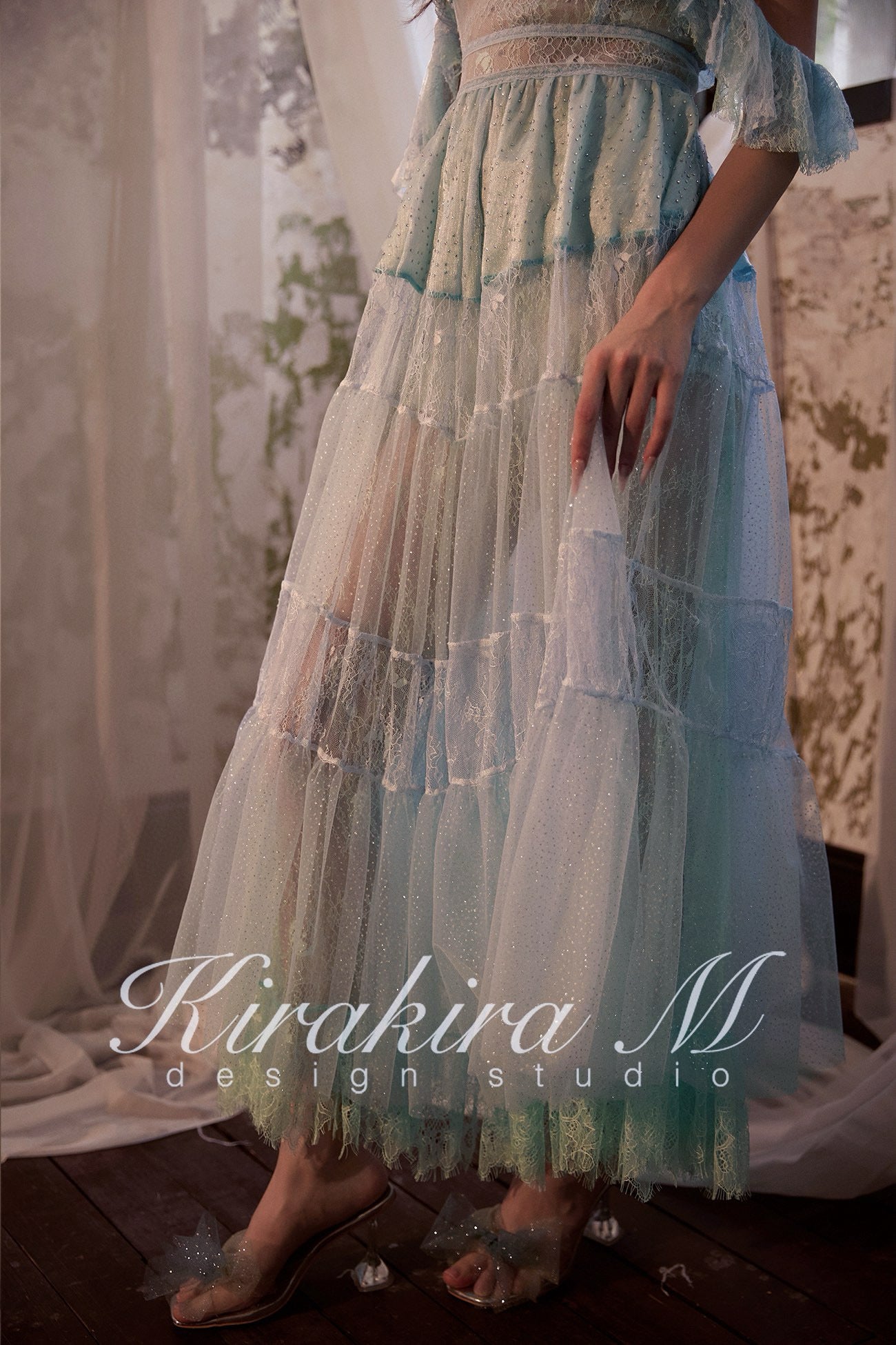 KIRAKIRA M Blue Diamond Embellished Feather Lace Extra Maxi Dress + Bottoms (Slightly Sheer)