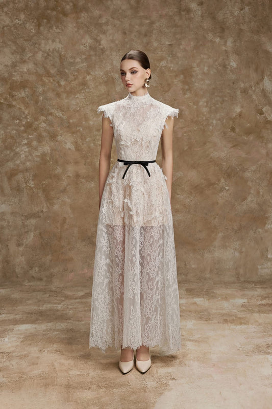 White High-Neck Sleeveless 3D-Lace Isabella Maxi Dress