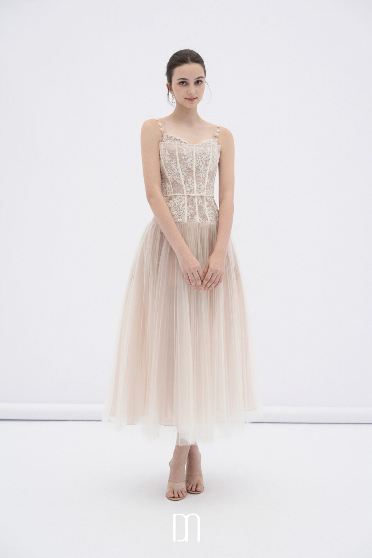 DENIOVN Elegant Fairycore Cream Alizea Corset Tulle Midi Dress