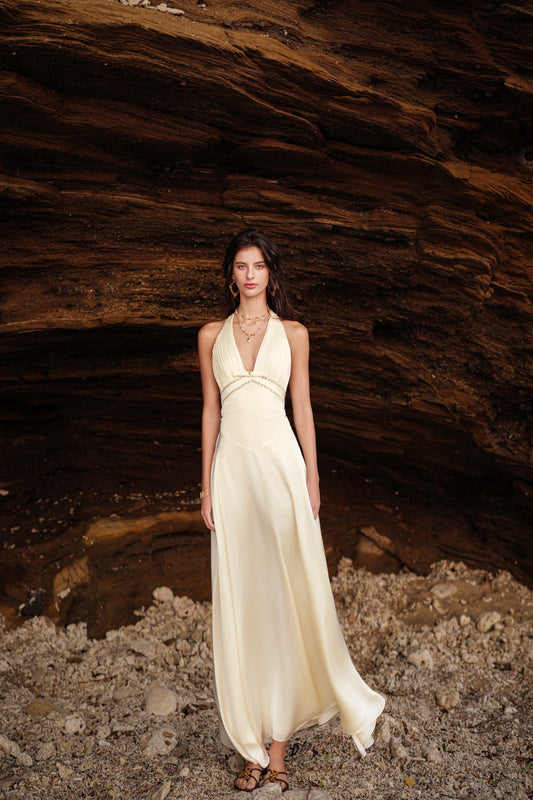 SHEERLUCK Sweet Vacation Cream Verdant French V-neck Halter-neck Maxi Dress