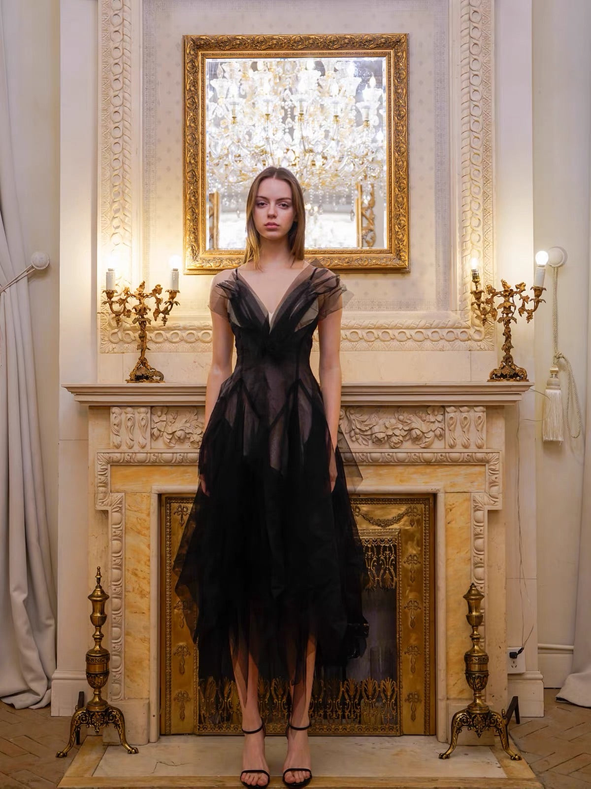 Black V-Neck Sheer Pleated Tulle Midi Dress
