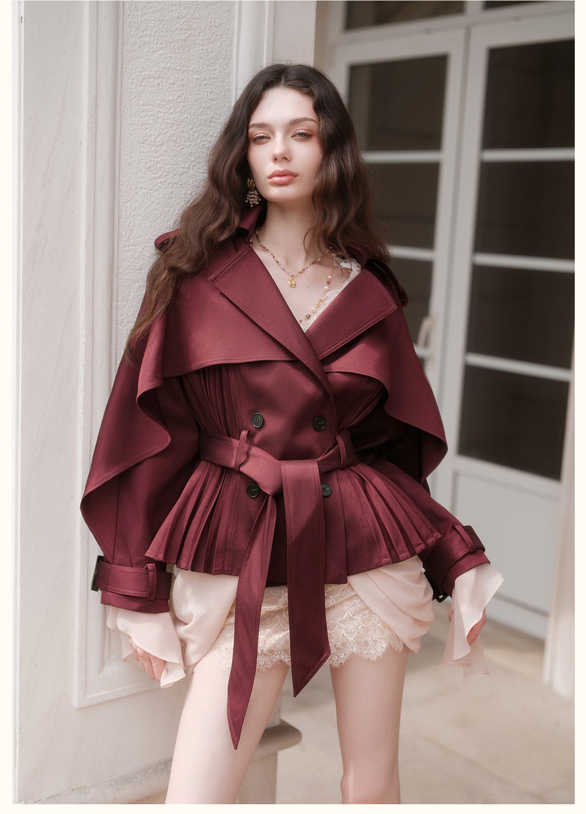 Red Cape-Sleeve Cinched Cropped Jacket