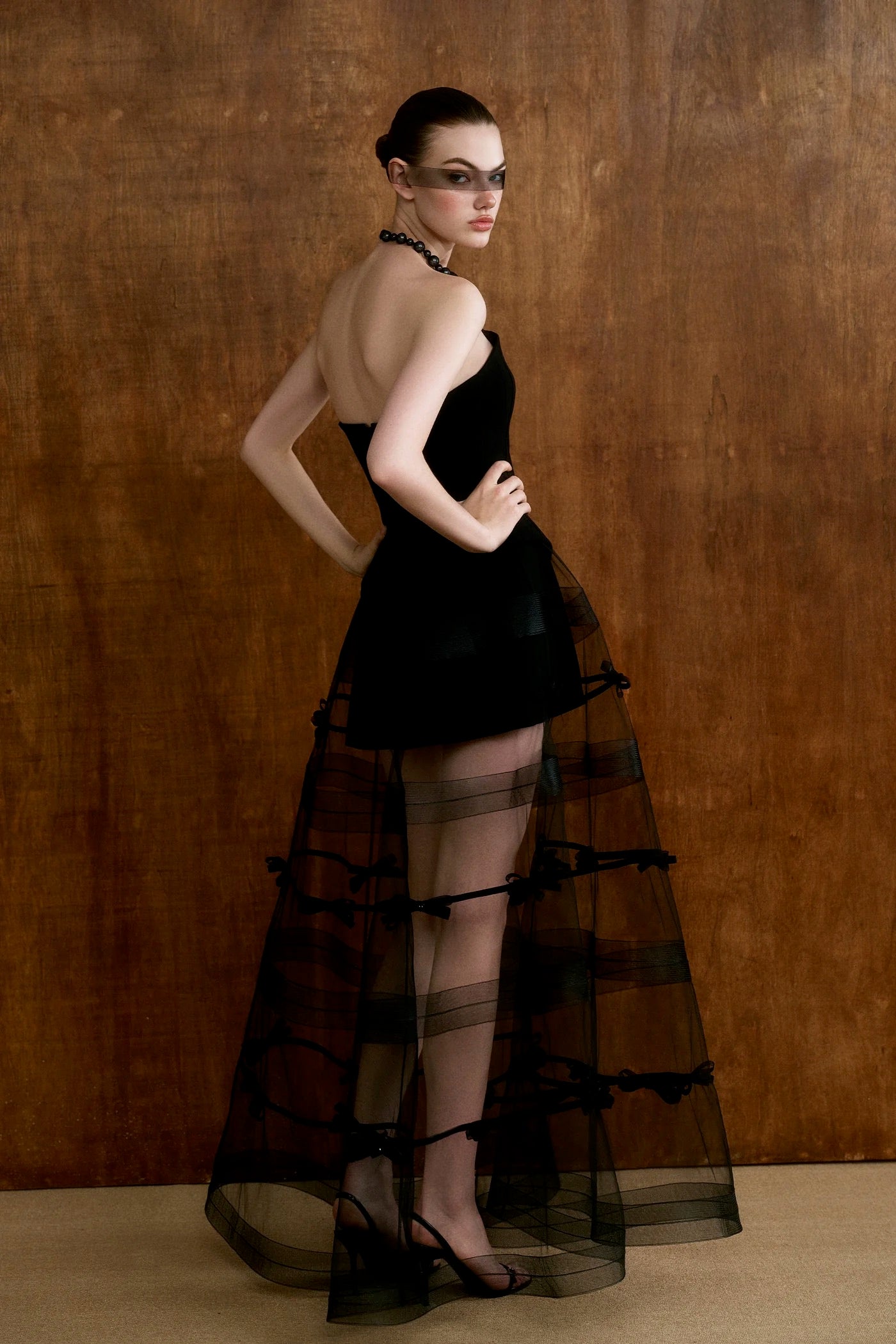 CICI Black Elegant Vacation Elysia Bow Mesh Cap Maxi Dress Set