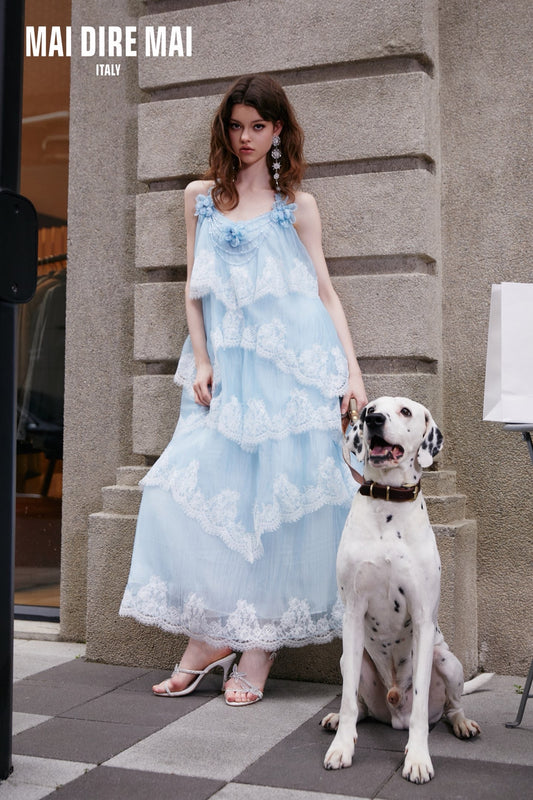 MAI DIRE MAI Elegant Vacation Blue Lace Floral Maxi Dress
