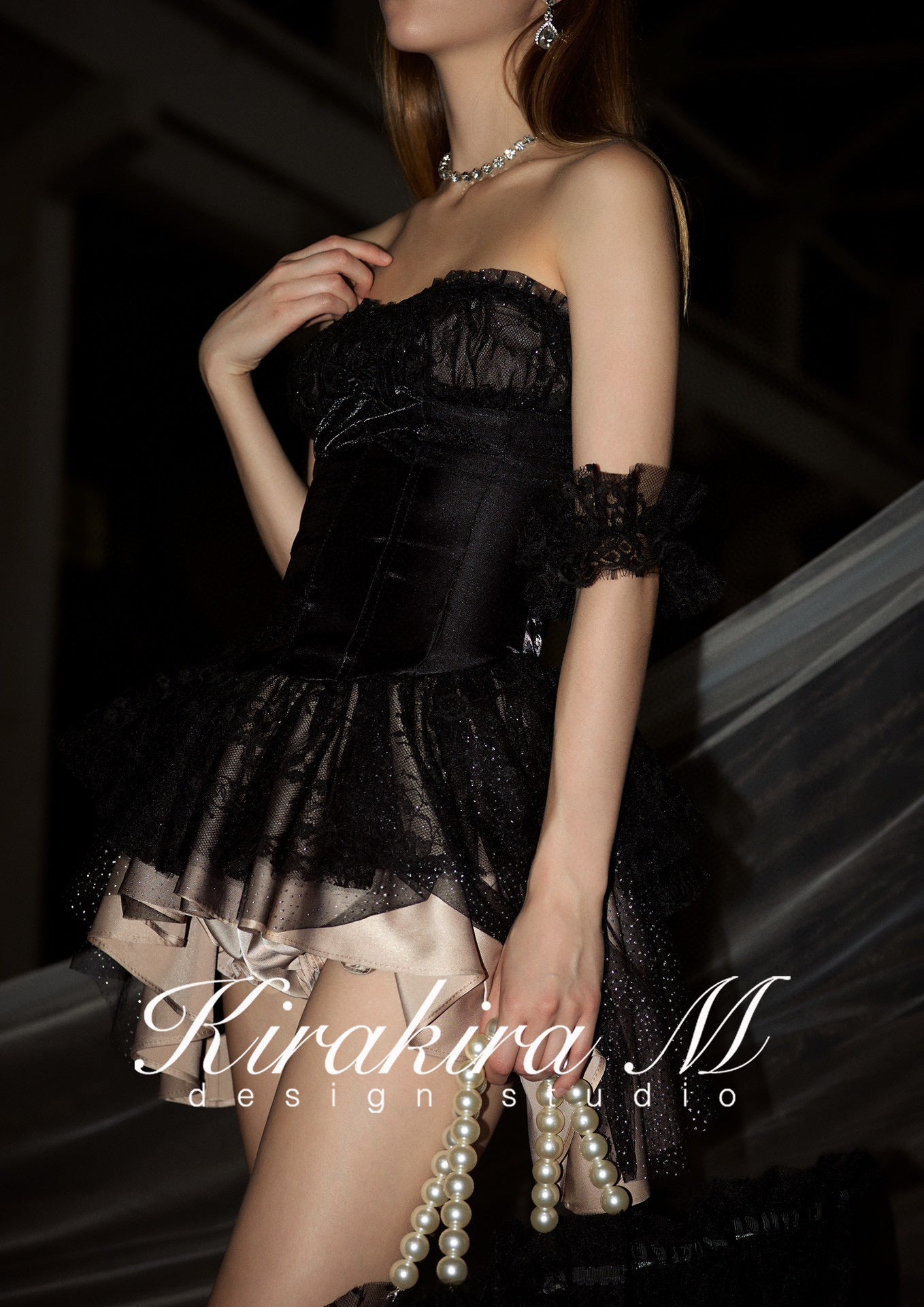 kirakira M Black Lace Waistband mini Dress