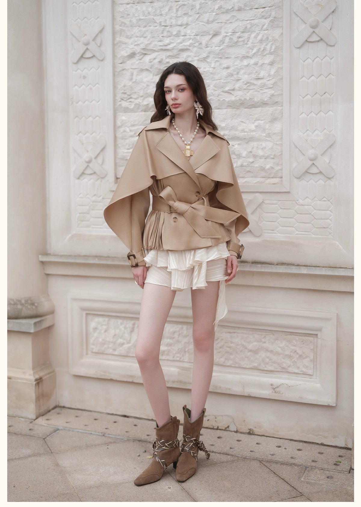 Red Cape-Sleeve Cinched Cropped Jacket