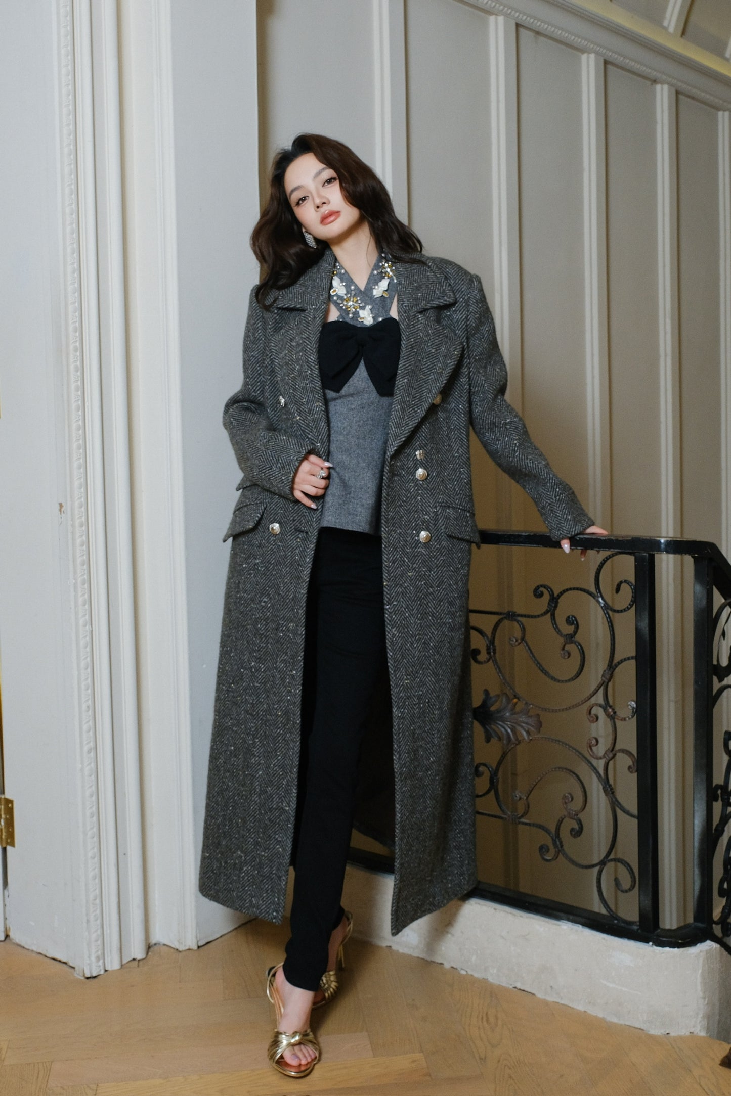 Maison Wester Grey Patterned Double-Button Long Coat