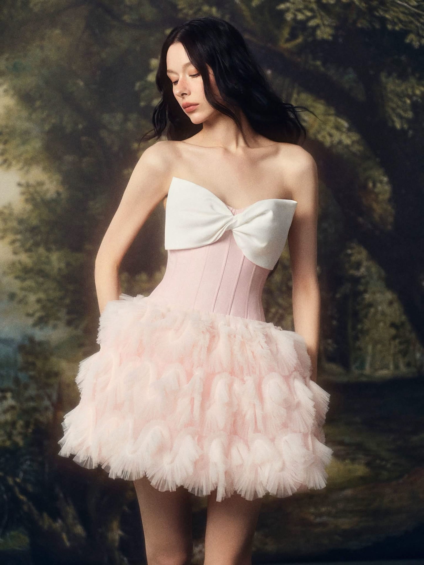 LINHPHUNG Pink Bow Gauze Efflora Mini Dress