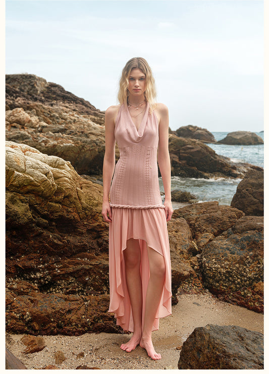 SHEERLUCK Elegant Vacation Pink Luna V-neck Midi Dress