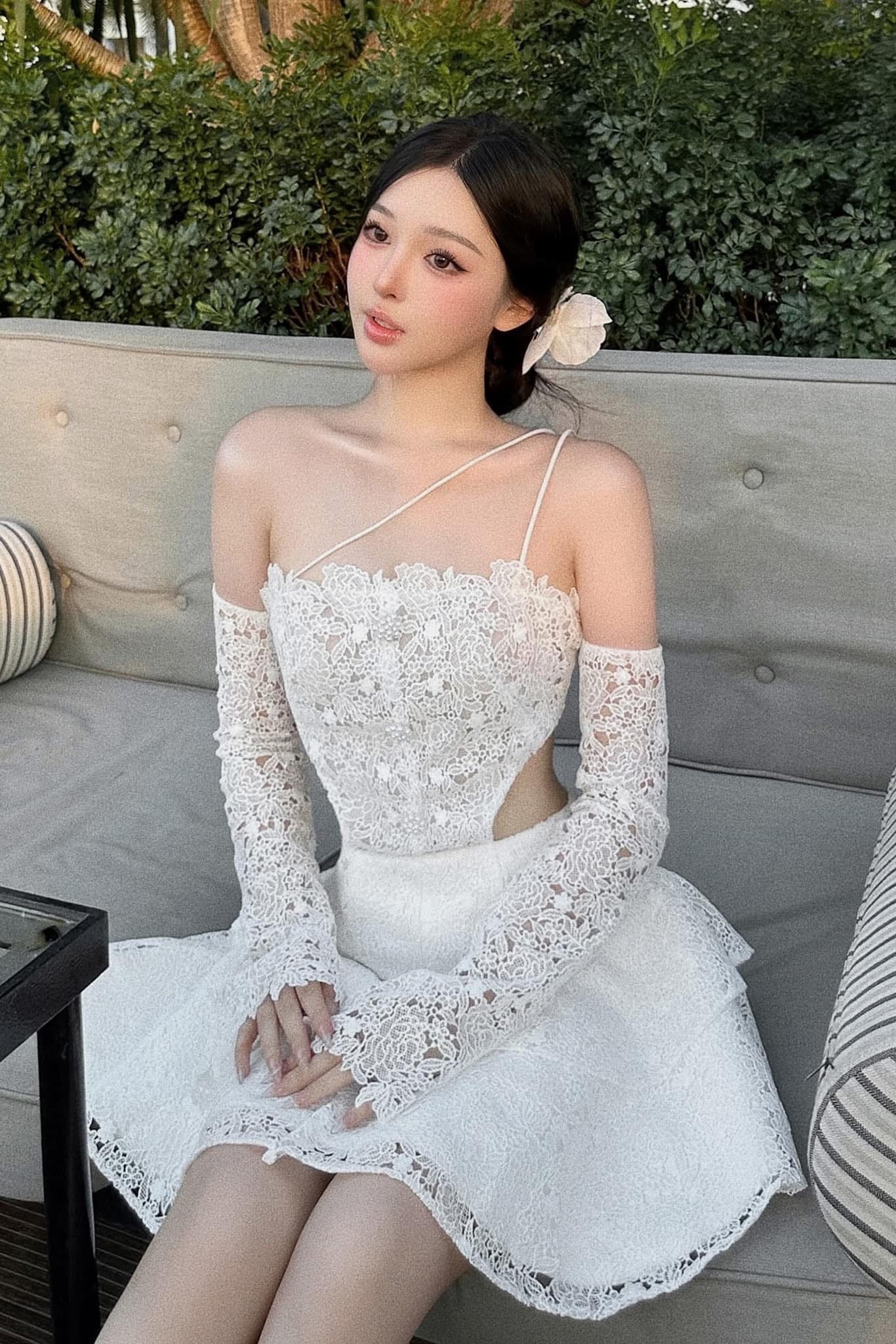 layered lace mini dress Baby White Tie Strap Layered Lace Mini Dress L