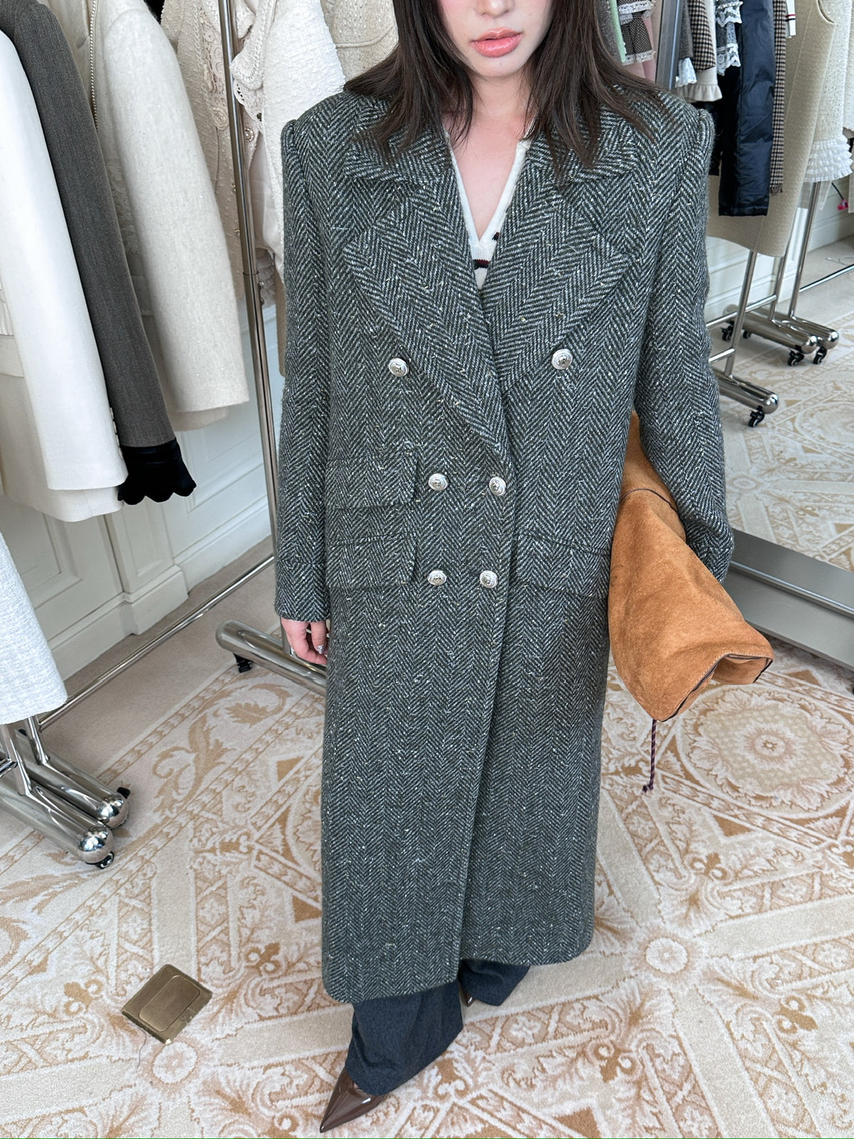 Maison Wester Grey Patterned Double-Button Long Coat