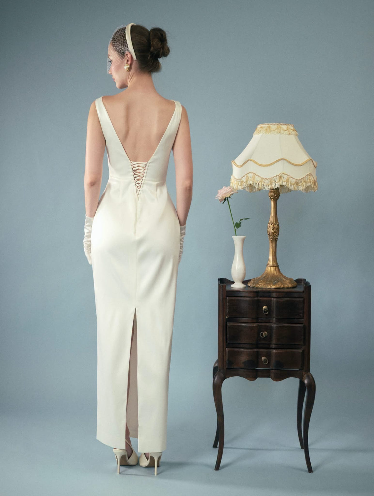 White Jollie Satin Waist Train Maxi Dress With Detachable Waist Train