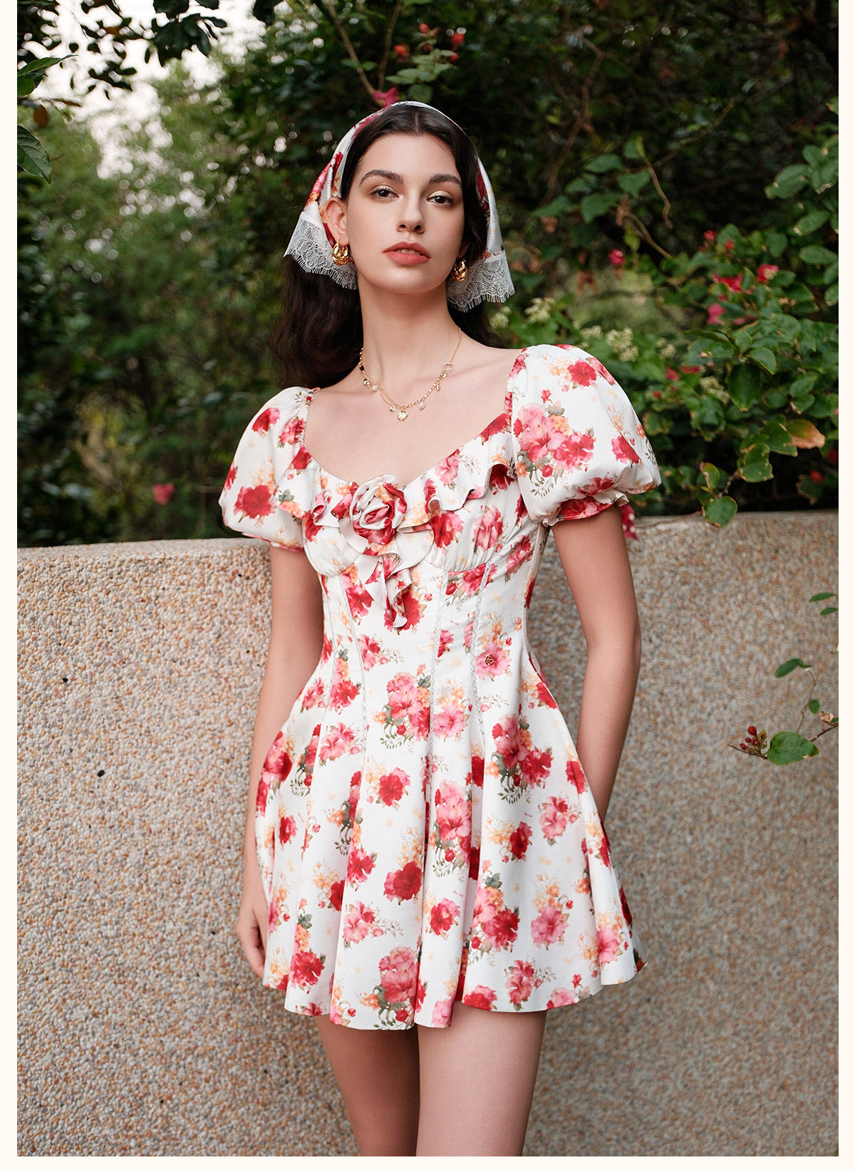 SHEERLUCK Red Floral Florette Vacation Mini Dress