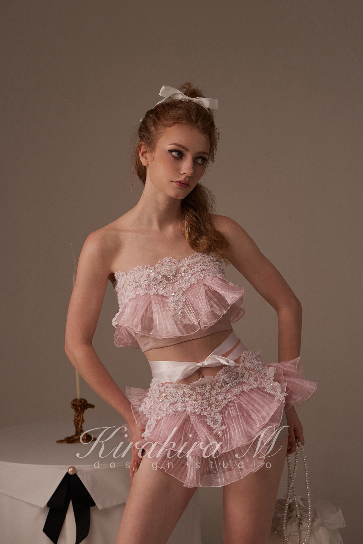 Kirakira M Pink Mermaid Lace Strappy Top & Skirt Pants