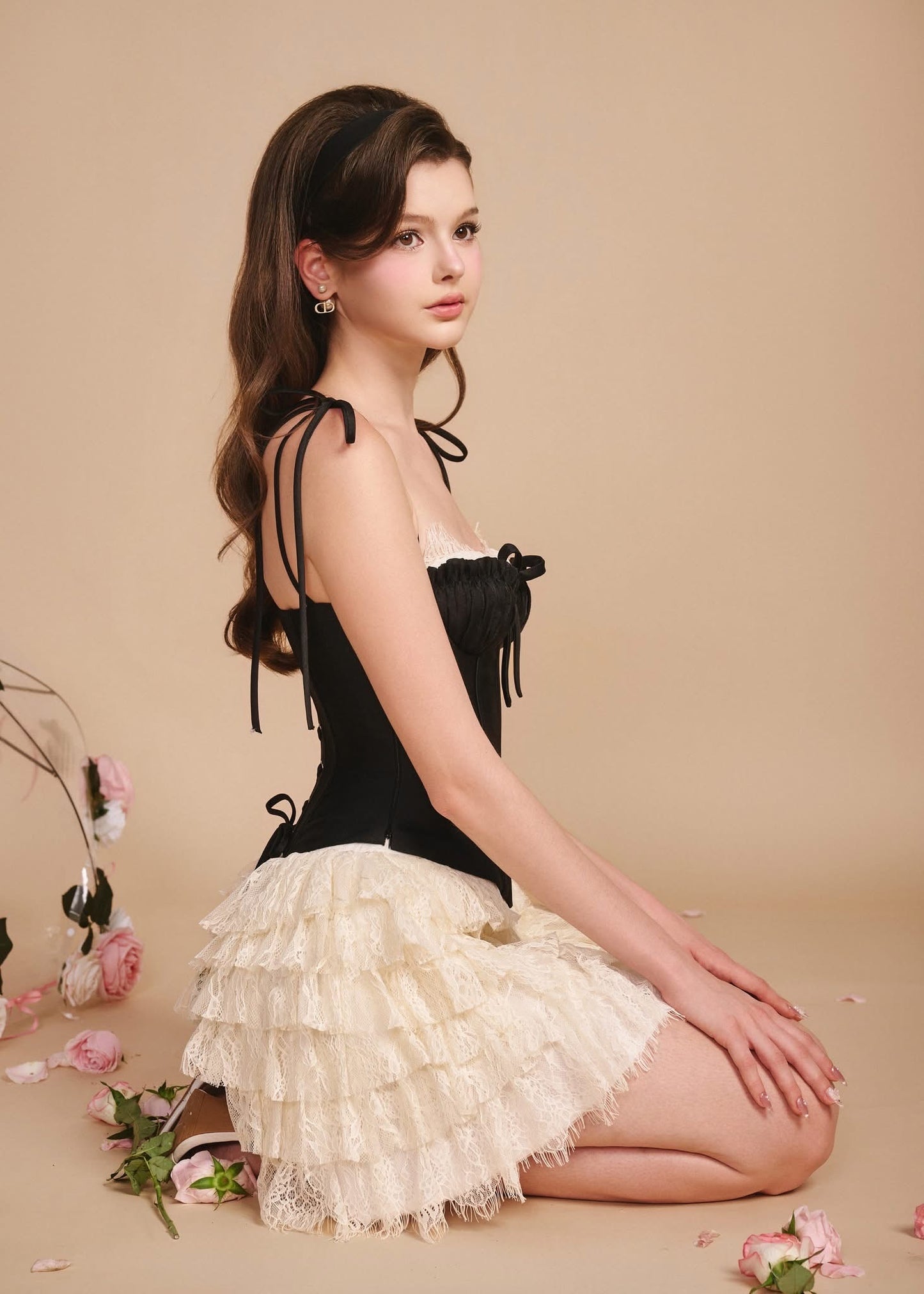 SISSY NATION Sweet Elegant Fairycore Black Orchid Corset Top & White J'adore Skirt