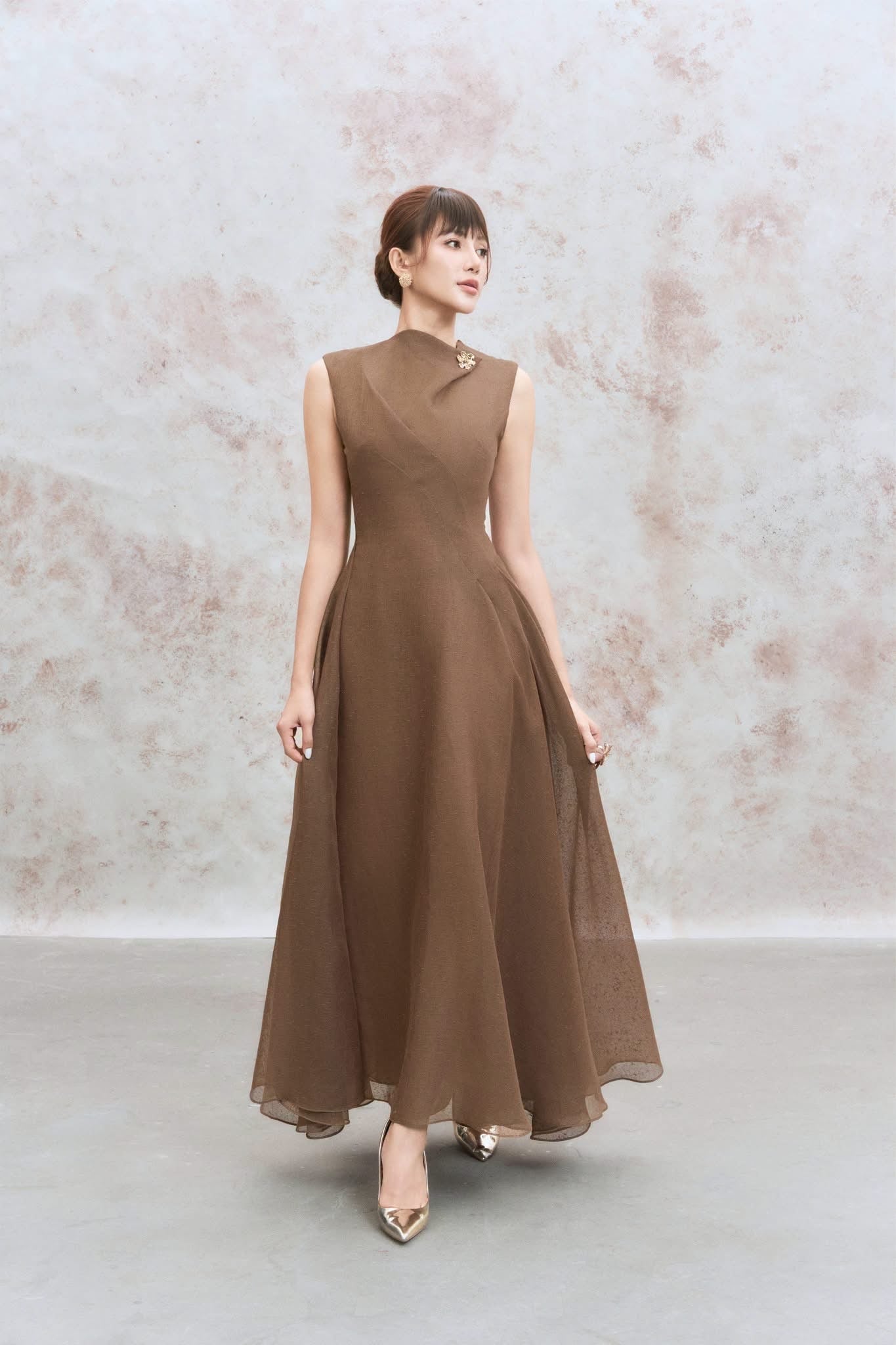 DENIO Brown Daphne Flared Midi Dress